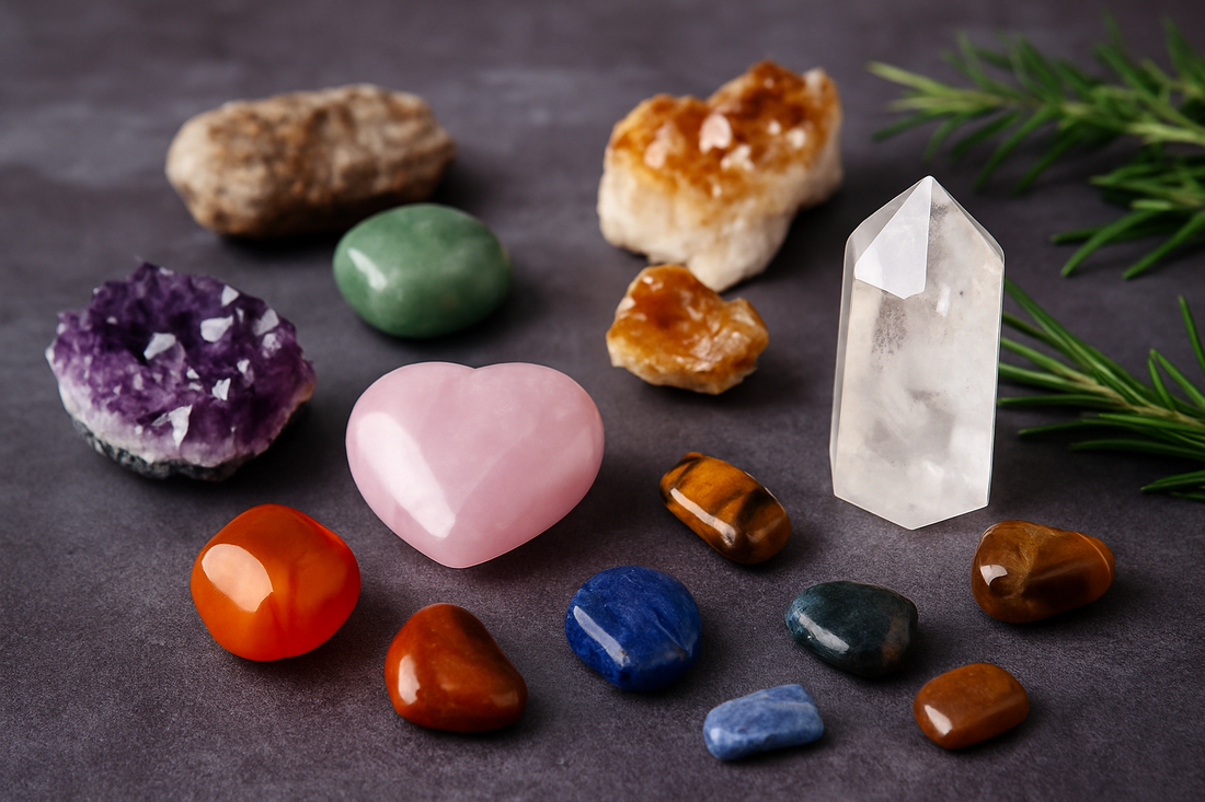 Assortment of healing crystals and spiritual tools arranged beautifully on a light surface, representing holistic wellness and energy balance.