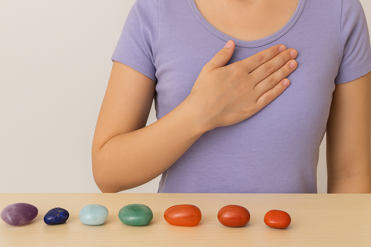 A woman in a purple shirt sits with one hand on her chest in a calm, meditative pose. In front of her on a wooden table is a row of colorful healing crystals, arranged in a straight line.