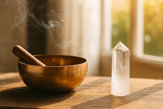 A Tibetan singing bowl placed beside a clear quartz crystal on a wooden surface, with soft sunlight streaming through a window and incense smoke swirling in the background.