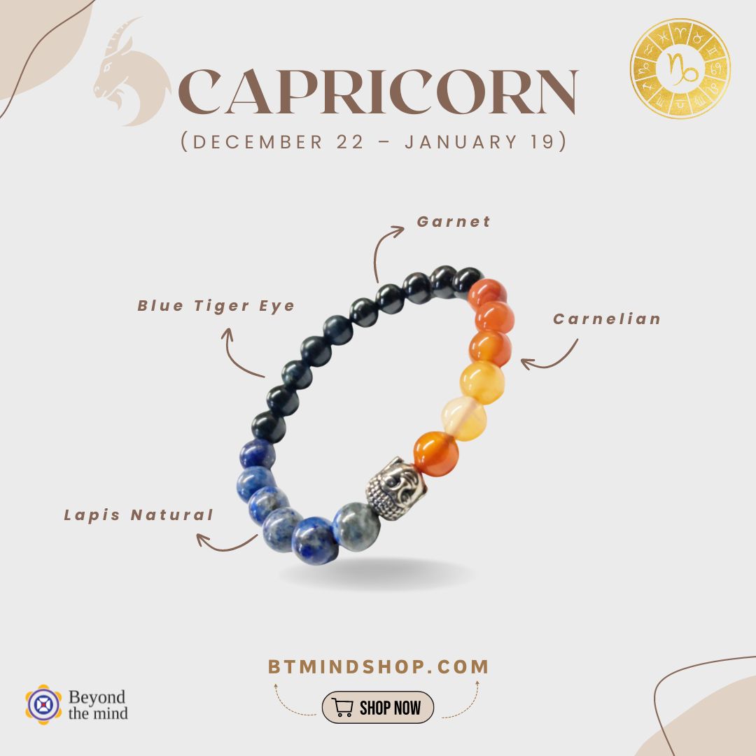 Capricorn Zodiac Birthstone Bracelet with Blue Tiger Eye, Lapis Lazuli, Carnelian, and Garnet – Healing Jewelry for Strength and Ambition