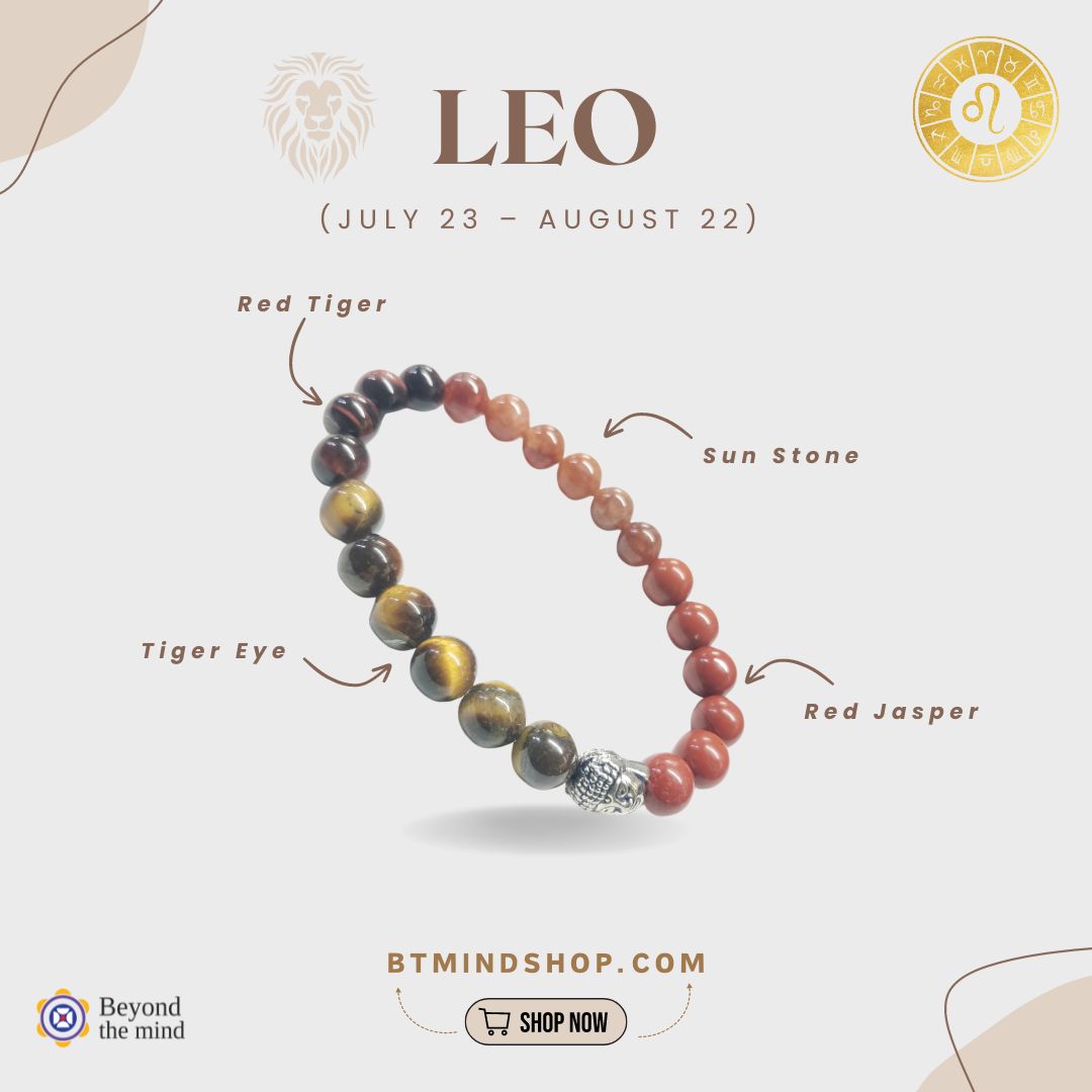 Leo Zodiac Birthstone Bracelet with Sunstone, Carnelian, Red Jasper, and Tiger Eye Crystals – Handmade Jewelry for Confidence & Positivity