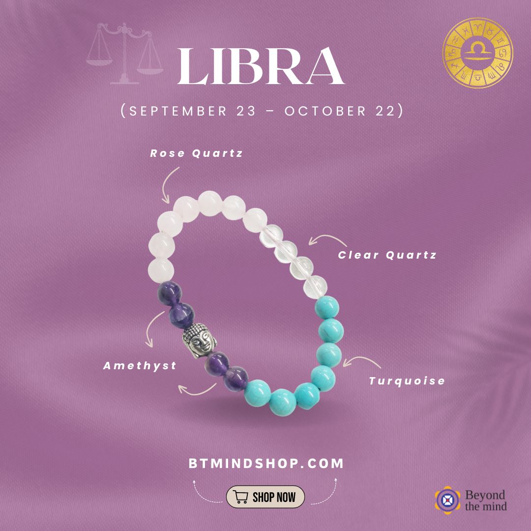 Libra Zodiac Birthstone Bracelet with Rose Quartz, Amethyst, Turquoise, and Clear Quartz – Jewelry for Love, Emotional Healing & Balance