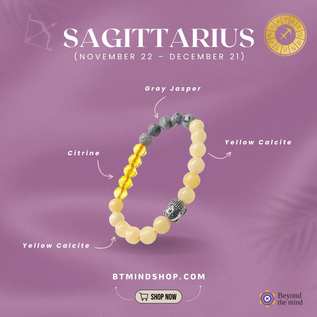 Sagittarius Zodiac Birthstone Bracelet with Citrine, Yellow Calcite, and Gray Jasper – Spiritual Jewelry for Positivity, Abundance, and Grounding