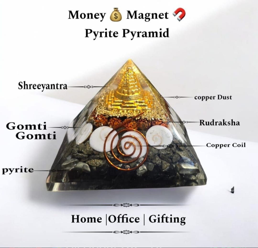 Money Magnet Pyrite Pyramid with Shri Yantra, Rudraksha, Gomti Chakra and Copper Coils for Wealth & Positive Energy