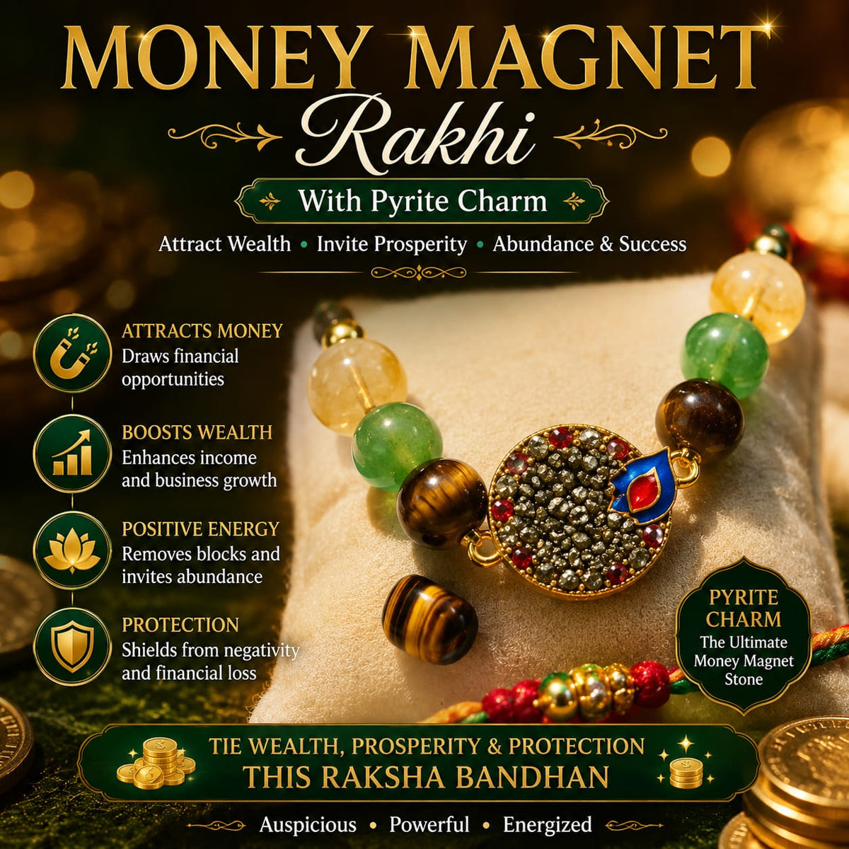 Money Magnet Rakhi – Citrine, Pyrite & Tiger Eye Rakhi